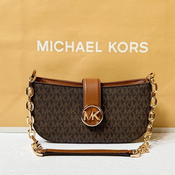 Michael Kors Carmen Shoulder Chain Bag MK Brown - Picture 1 of 14
